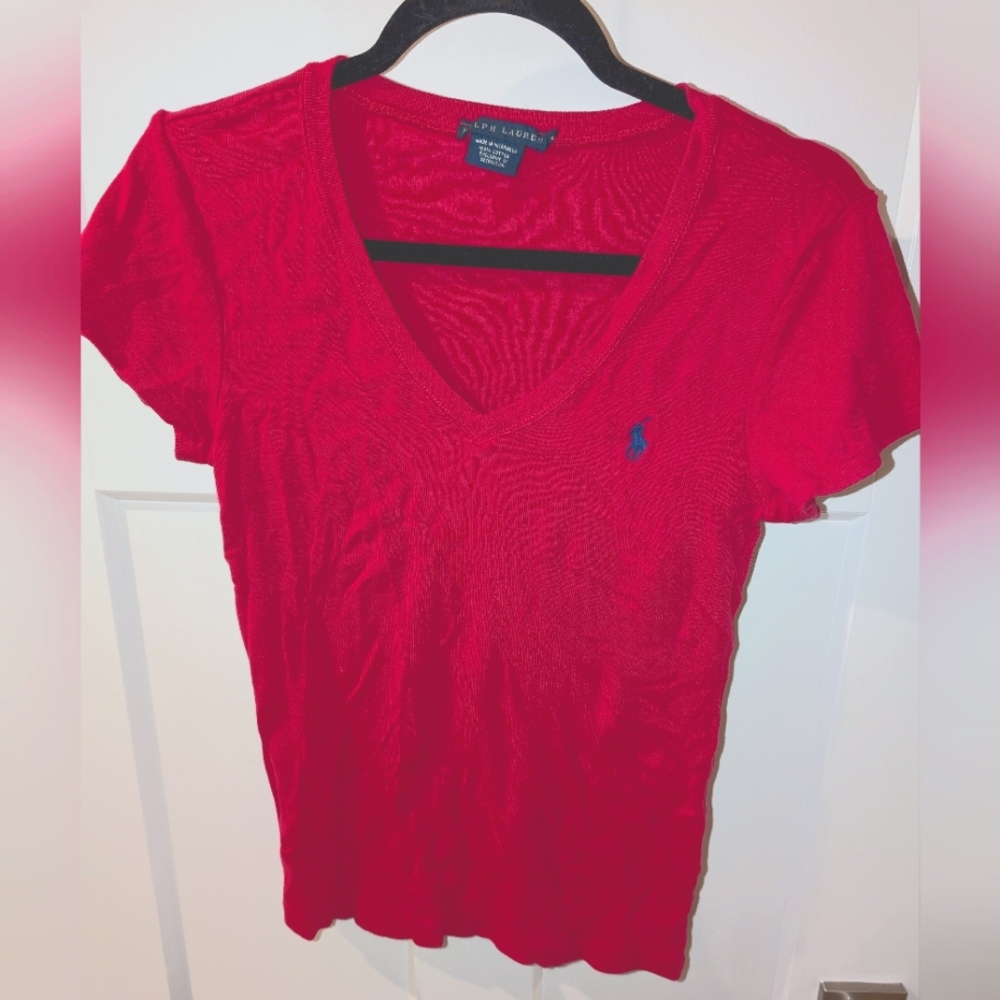 Women's Ralph Lauren Polo, v-neck shirt, hot pink, size M